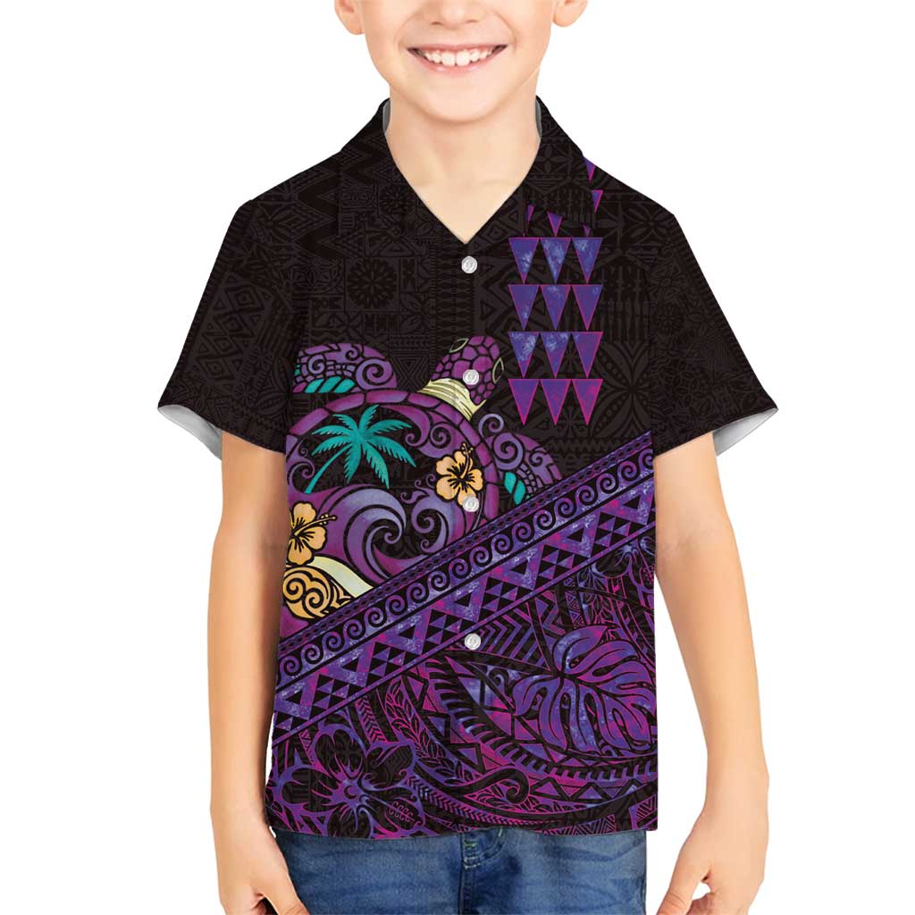 Hawaiian Abstract Sea Turtle Family Matching Off Shoulder Short Dress and Hawaiian Shirt Polynesian Tapa Art and Kakau Tattoo Purple WaterColor LT03 Son's Shirt Black - Polynesian Pride