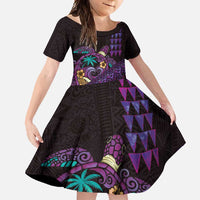 Hawaiian Abstract Sea Turtle Family Matching Short Sleeve Bodycon Dress and Hawaiian Shirt Polynesian Tapa Art and Kakau Tattoo Purple WaterColor LT03 Daughter's Dress Black - Polynesian Pride