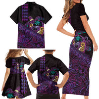 Hawaiian Abstract Sea Turtle Family Matching Short Sleeve Bodycon Dress and Hawaiian Shirt Polynesian Tapa Art and Kakau Tattoo Purple WaterColor LT03 - Polynesian Pride