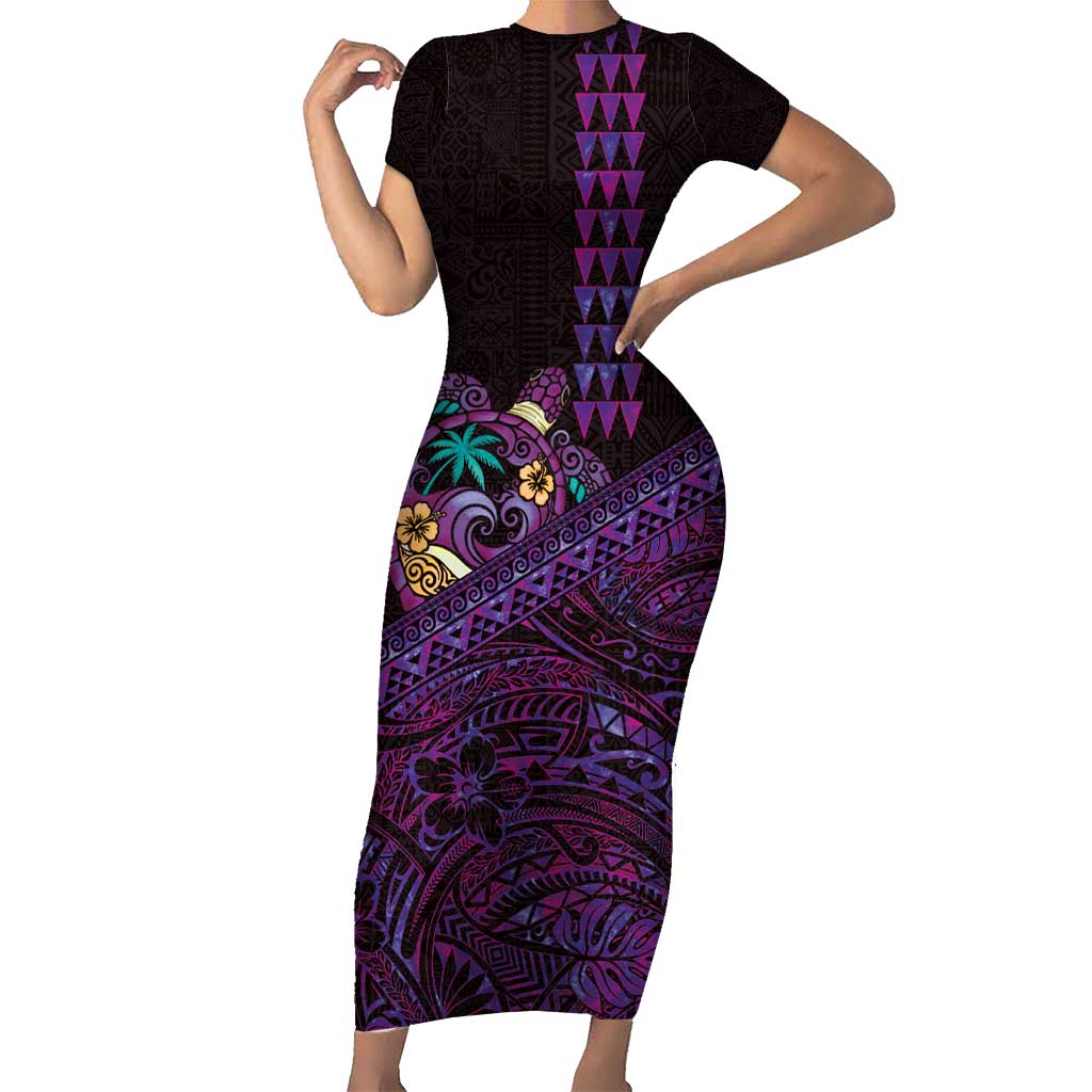 Hawaiian Abstract Sea Turtle Family Matching Short Sleeve Bodycon Dress and Hawaiian Shirt Polynesian Tapa Art and Kakau Tattoo Purple WaterColor LT03 Mom's Dress Black - Polynesian Pride
