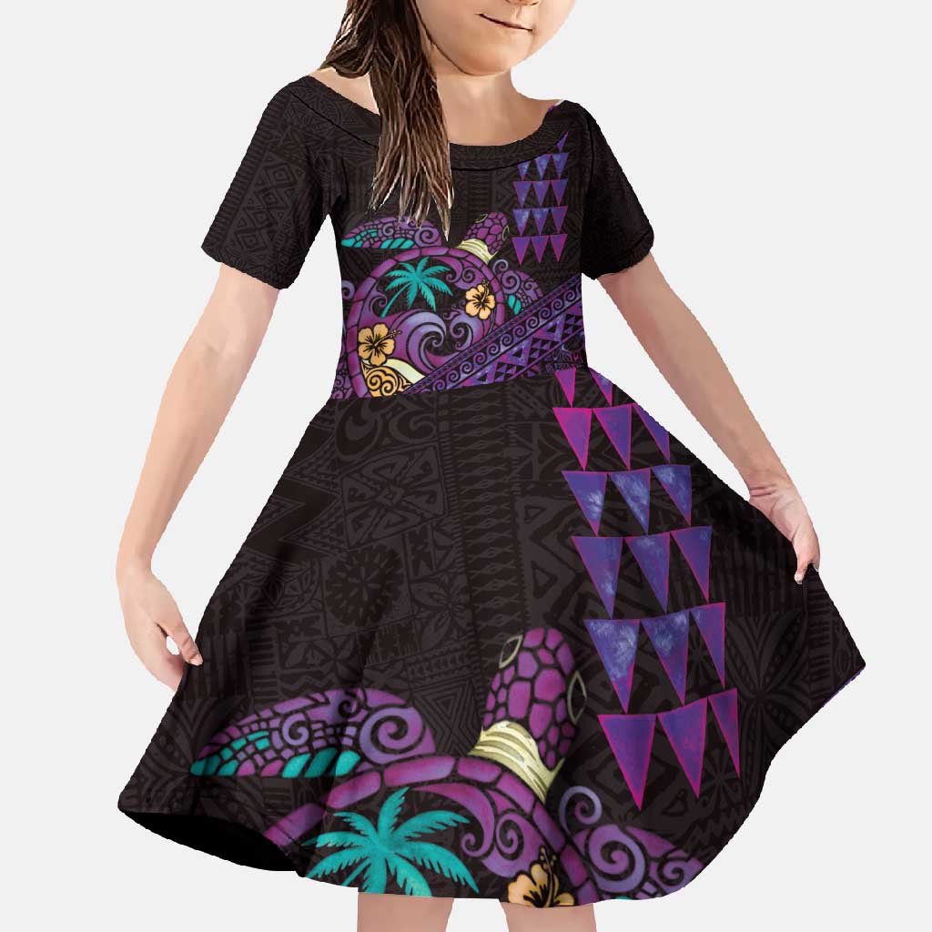Hawaiian Abstract Sea Turtle Family Matching Summer Maxi Dress and Hawaiian Shirt Polynesian Tapa Art and Kakau Tattoo Purple WaterColor LT03 Daughter's Dress Black - Polynesian Pride