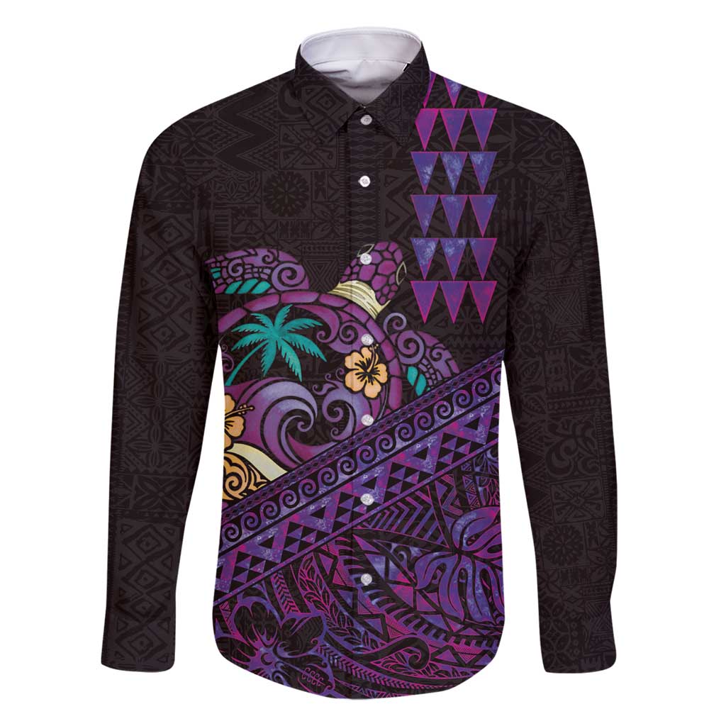 Hawaiian Abstract Sea Turtle Family Matching Summer Maxi Dress and Hawaiian Shirt Polynesian Tapa Art and Kakau Tattoo Purple WaterColor LT03 Dad's Shirt - Long Sleeve Black - Polynesian Pride