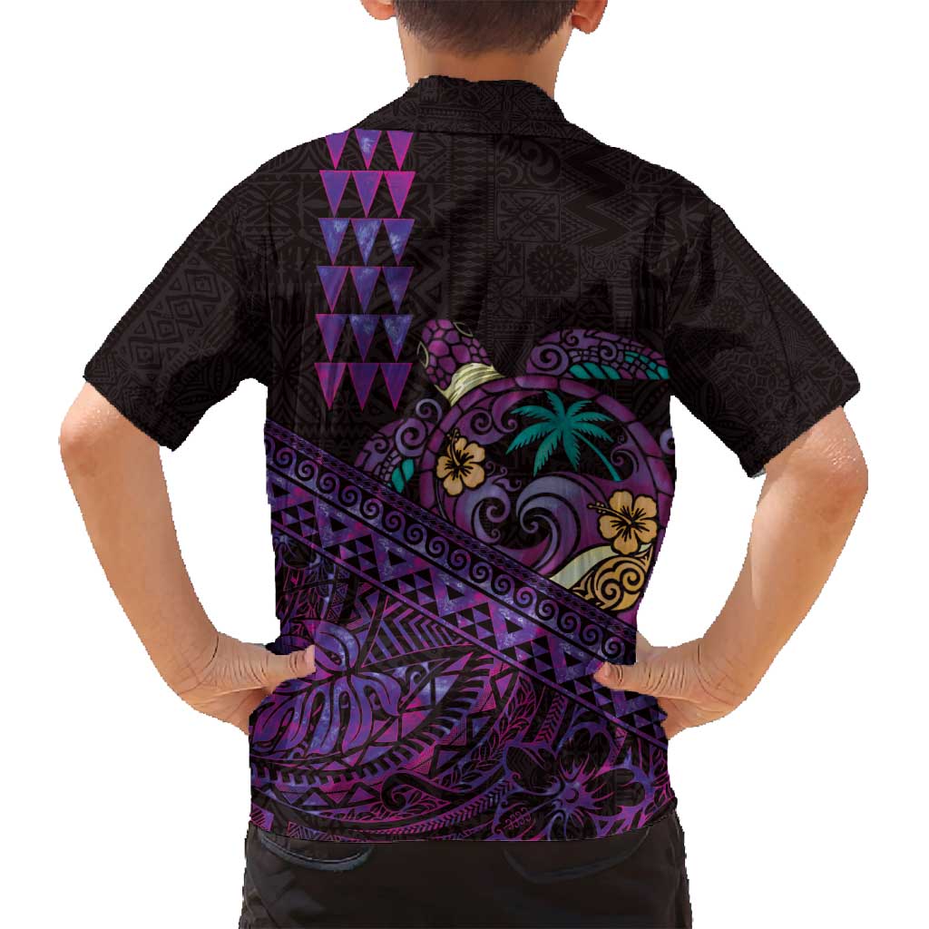 Hawaiian Abstract Sea Turtle Family Matching Tank Maxi Dress and Hawaiian Shirt Polynesian Tapa Art and Kakau Tattoo Purple WaterColor LT03 - Polynesian Pride