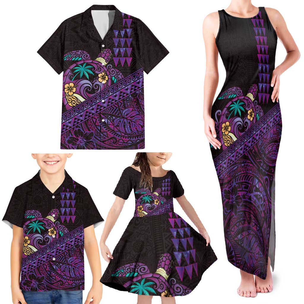Hawaiian Abstract Sea Turtle Family Matching Tank Maxi Dress and Hawaiian Shirt Polynesian Tapa Art and Kakau Tattoo Purple WaterColor LT03 - Polynesian Pride
