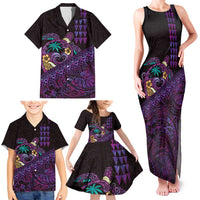 Hawaiian Abstract Sea Turtle Family Matching Tank Maxi Dress and Hawaiian Shirt Polynesian Tapa Art and Kakau Tattoo Purple WaterColor LT03 - Polynesian Pride