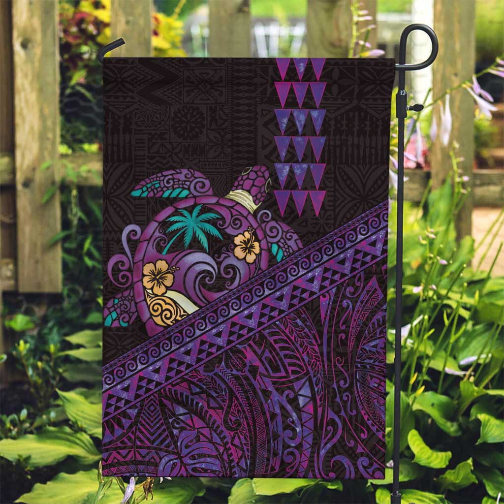 Hawaiian Abstract Sea Turtle Garden Flag Polynesian Tapa Art and Kakau Tattoo Purple WaterColor LT03 Garden Flag Black - Polynesian Pride