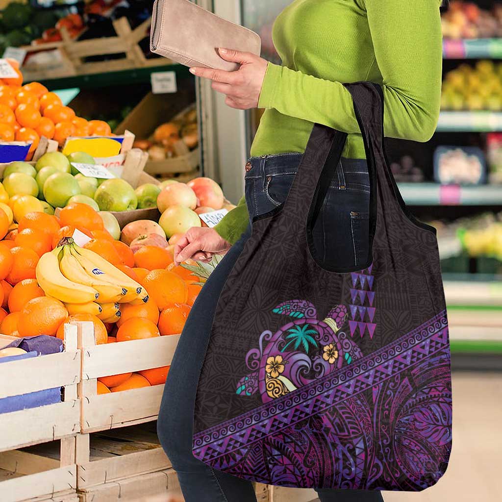Hawaiian Abstract Sea Turtle Grocery Bag Polynesian Tapa Art and Kakau Tattoo Purple WaterColor - Polynesian Pride