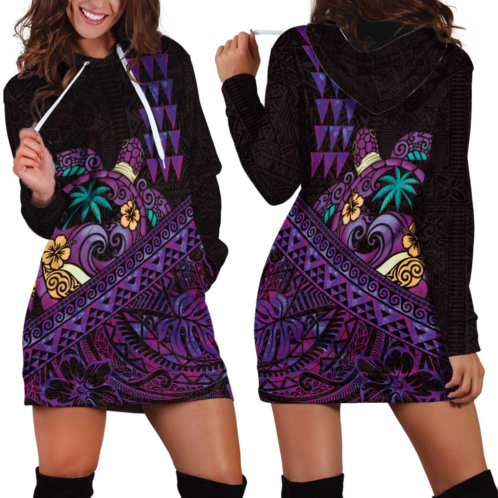 Hawaiian Abstract Sea Turtle Hoodie Dress Polynesian Tapa Art and Kakau Tattoo Purple WaterColor LT03 - Polynesian Pride