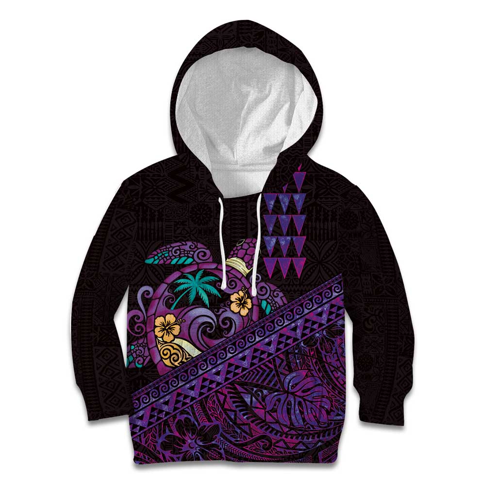 Hawaiian Abstract Sea Turtle Kid Hoodie Polynesian Tapa Art and Kakau Tattoo Purple WaterColor LT03 Hoodie Black - Polynesian Pride