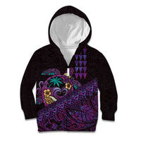 Hawaiian Abstract Sea Turtle Kid Hoodie Polynesian Tapa Art and Kakau Tattoo Purple WaterColor LT03 Zip Hoodie Black - Polynesian Pride