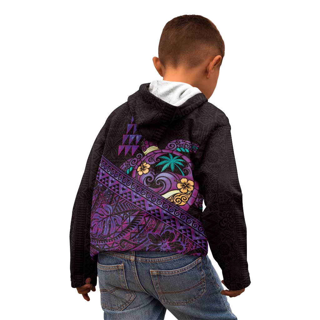 Hawaiian Abstract Sea Turtle Kid Hoodie Polynesian Tapa Art and Kakau Tattoo Purple WaterColor LT03 - Polynesian Pride