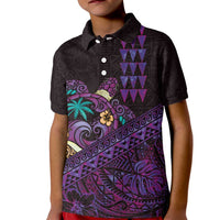 Hawaiian Abstract Sea Turtle Kid Polo Shirt Polynesian Tapa Art and Kakau Tattoo Purple WaterColor LT03 Kid Black - Polynesian Pride