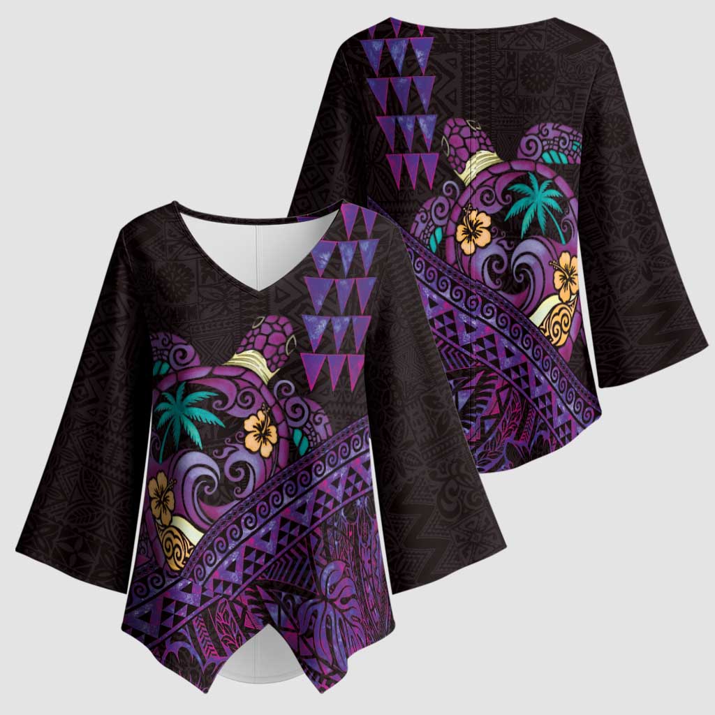 Hawaiian Abstract Sea Turtle Kimono Sleeve Blouse Polynesian Tapa Art and Kakau Tattoo Purple WaterColor LT03 - Polynesian Pride