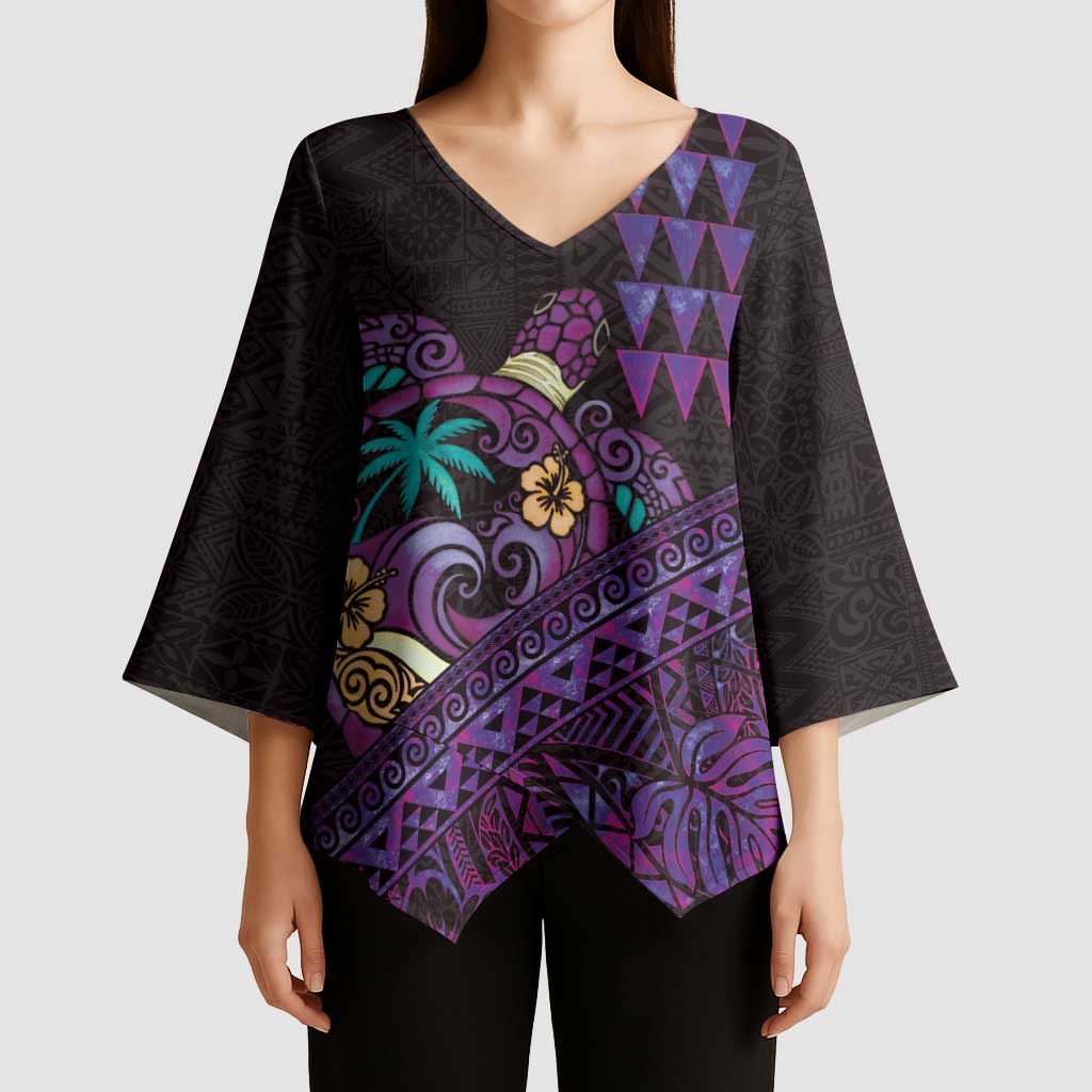 Hawaiian Abstract Sea Turtle Kimono Sleeve Blouse Polynesian Tapa Art and Kakau Tattoo Purple WaterColor LT03 - Polynesian Pride