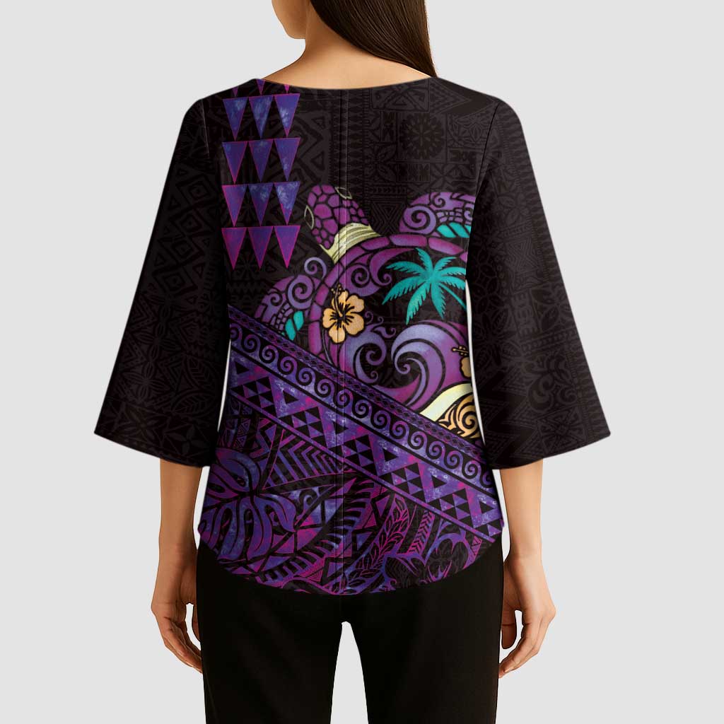 Hawaiian Abstract Sea Turtle Kimono Sleeve Blouse Polynesian Tapa Art and Kakau Tattoo Purple WaterColor LT03 - Polynesian Pride