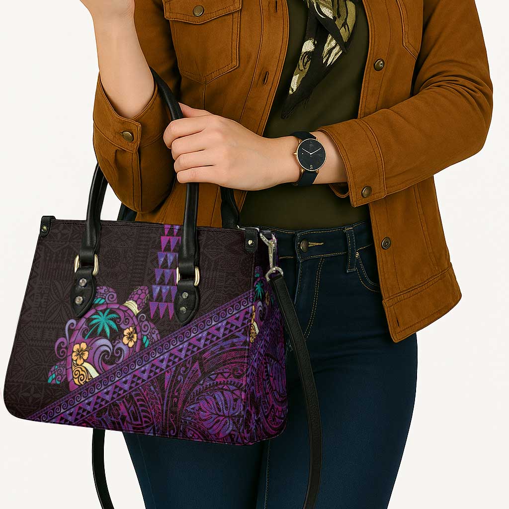 Hawaiian Abstract Sea Turtle Leather Bag Polynesian Tapa Art and Kakau Tattoo Purple WaterColor - Polynesian Pride