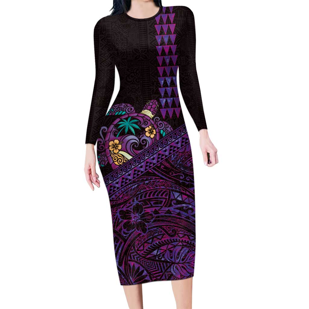 Hawaiian Abstract Sea Turtle Long Sleeve Bodycon Dress Polynesian Tapa Art and Kakau Tattoo Purple WaterColor LT03 Long Dress Black - Polynesian Pride
