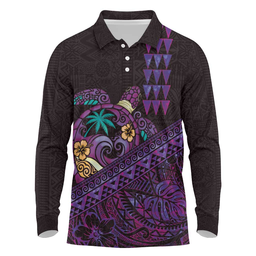 Hawaiian Abstract Sea Turtle Long Sleeve Polo Shirt Polynesian Tapa Art and Kakau Tattoo Purple WaterColor LT03 Black - Polynesian Pride