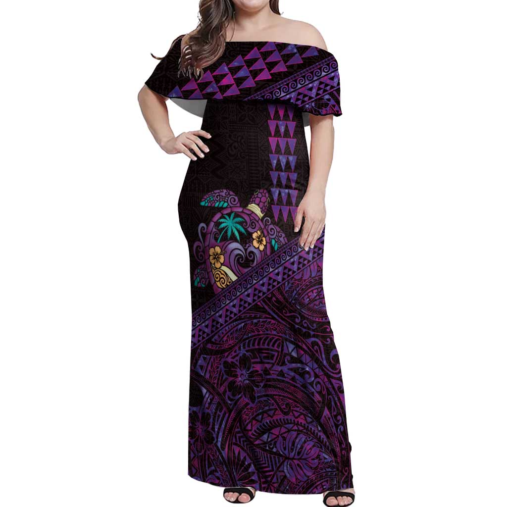 Hawaiian Abstract Sea Turtle Off Shoulder Maxi Dress Polynesian Tapa Art and Kakau Tattoo Purple WaterColor LT03 Women Black - Polynesian Pride
