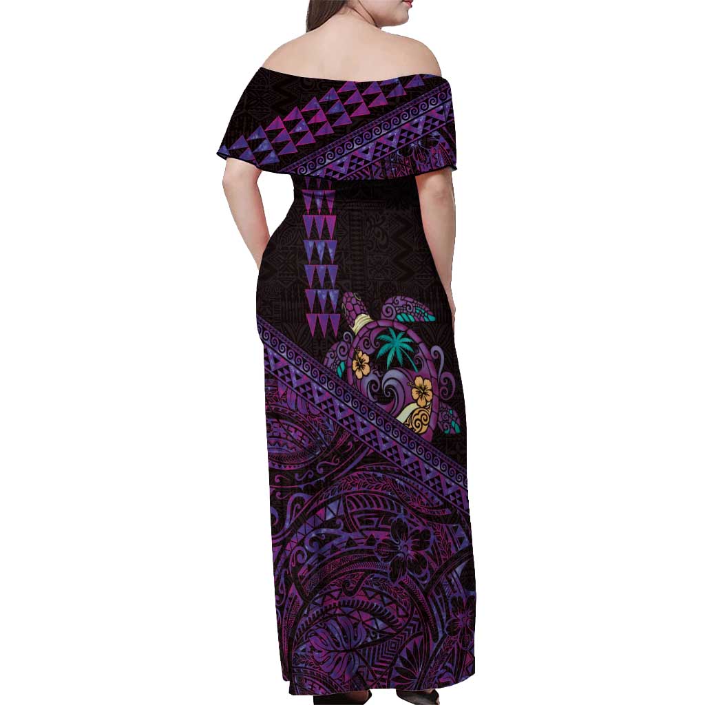 Hawaiian Abstract Sea Turtle Off Shoulder Maxi Dress Polynesian Tapa Art and Kakau Tattoo Purple WaterColor LT03 - Polynesian Pride