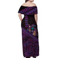 Hawaiian Abstract Sea Turtle Off Shoulder Maxi Dress Polynesian Tapa Art and Kakau Tattoo Purple WaterColor LT03 - Polynesian Pride