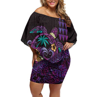 Hawaiian Abstract Sea Turtle Off Shoulder Short Dress Polynesian Tapa Art and Kakau Tattoo Purple WaterColor LT03 Women Black - Polynesian Pride