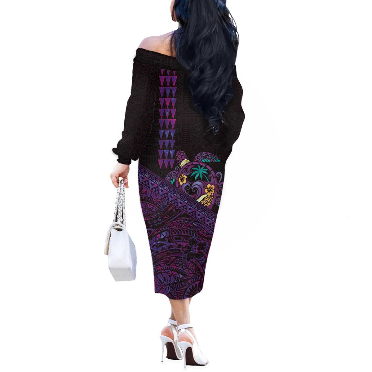 Hawaiian Abstract Sea Turtle Off The Shoulder Long Sleeve Dress Polynesian Tapa Art and Kakau Tattoo Purple WaterColor LT03 - Polynesian Pride