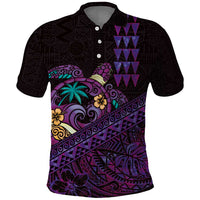 Hawaiian Abstract Sea Turtle Polo Shirt Polynesian Tapa Art and Kakau Tattoo Purple WaterColor LT03 Black - Polynesian Pride