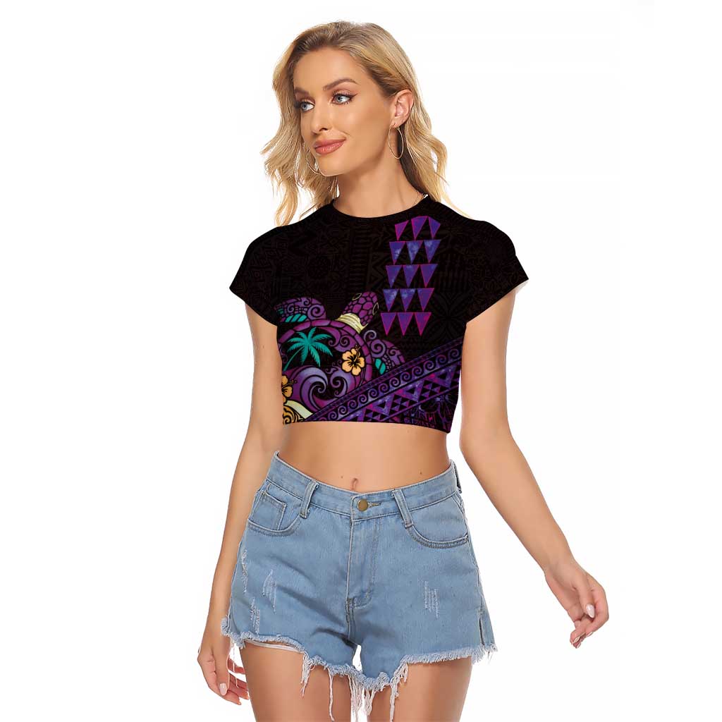 Hawaiian Abstract Sea Turtle Raglan Cropped T Shirt Polynesian Tapa Art and Kakau Tattoo Purple WaterColor LT03 Female Black - Polynesian Pride