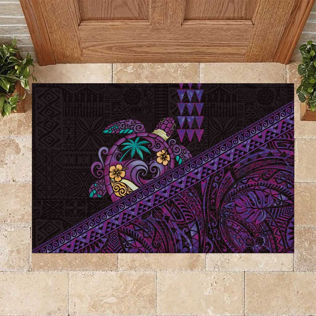 Hawaiian Abstract Sea Turtle Rubber Doormat Polynesian Tapa Art and Kakau Tattoo Purple WaterColor - Polynesian Pride