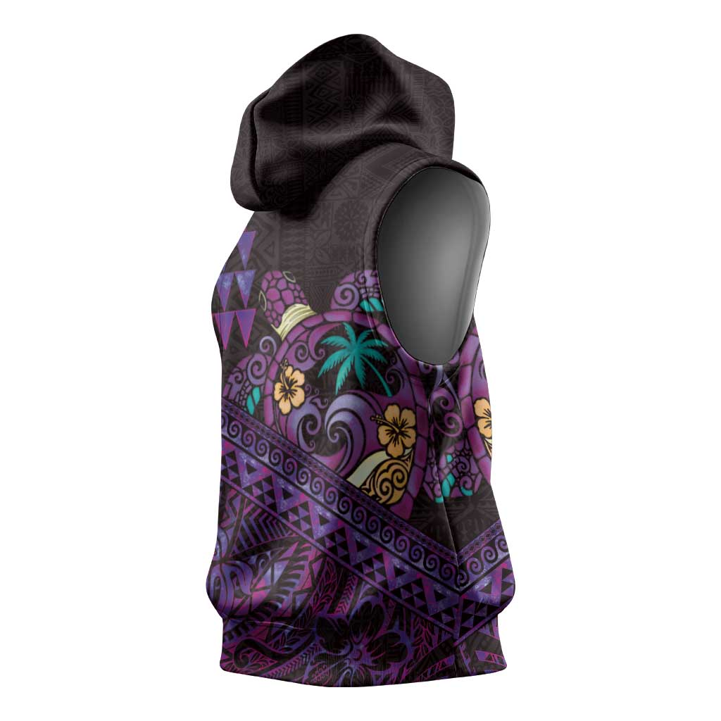 Hawaiian Abstract Sea Turtle Sleeveless Hoodie Polynesian Tapa Art and Kakau Tattoo Purple WaterColor LT03 - Polynesian Pride