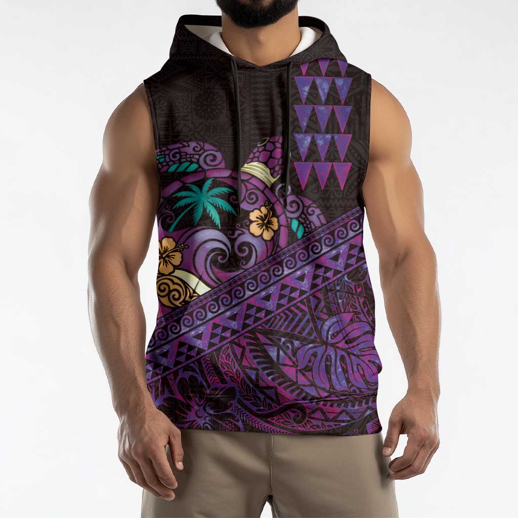 Hawaiian Abstract Sea Turtle Sleeveless Hoodie Polynesian Tapa Art and Kakau Tattoo Purple WaterColor LT03 - Polynesian Pride