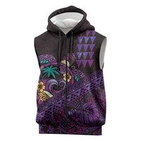 Hawaiian Abstract Sea Turtle Sleeveless Zip Hoodie Polynesian Tapa Art and Kakau Tattoo Purple WaterColor LT03 Black - Polynesian Pride