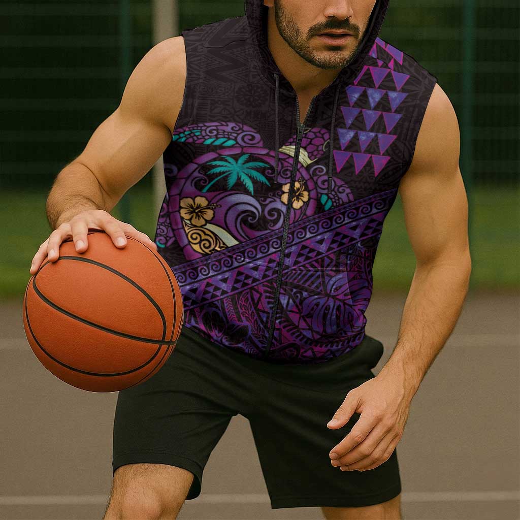Hawaiian Abstract Sea Turtle Sleeveless Zip Hoodie Polynesian Tapa Art and Kakau Tattoo Purple WaterColor LT03 - Polynesian Pride