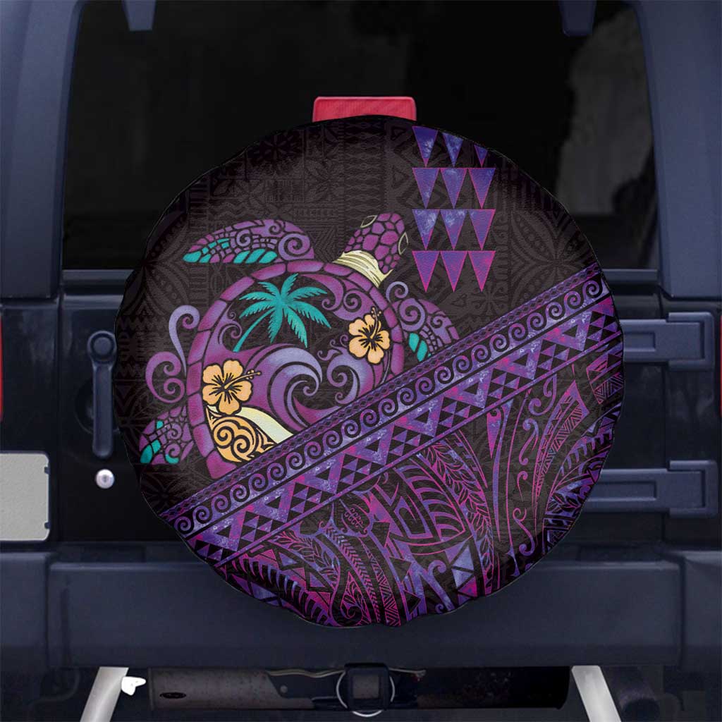 Hawaiian Abstract Sea Turtle Spare Tire Cover Polynesian Tapa Art and Kakau Tattoo Purple WaterColor LT03 No hole Black - Polynesian Pride