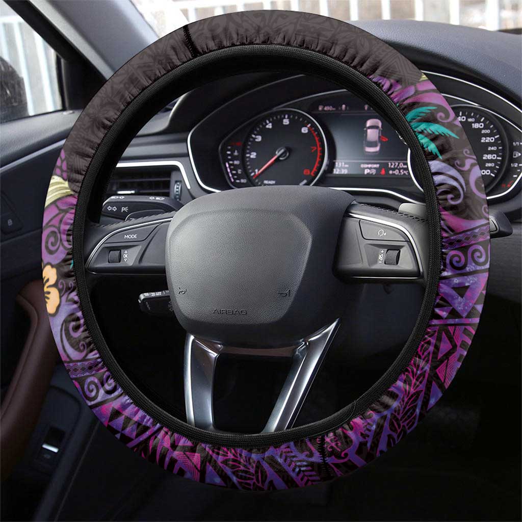 Hawaiian Abstract Sea Turtle Steering Wheel Cover Polynesian Tapa Art and Kakau Tattoo Purple WaterColor LT03 - Polynesian Pride