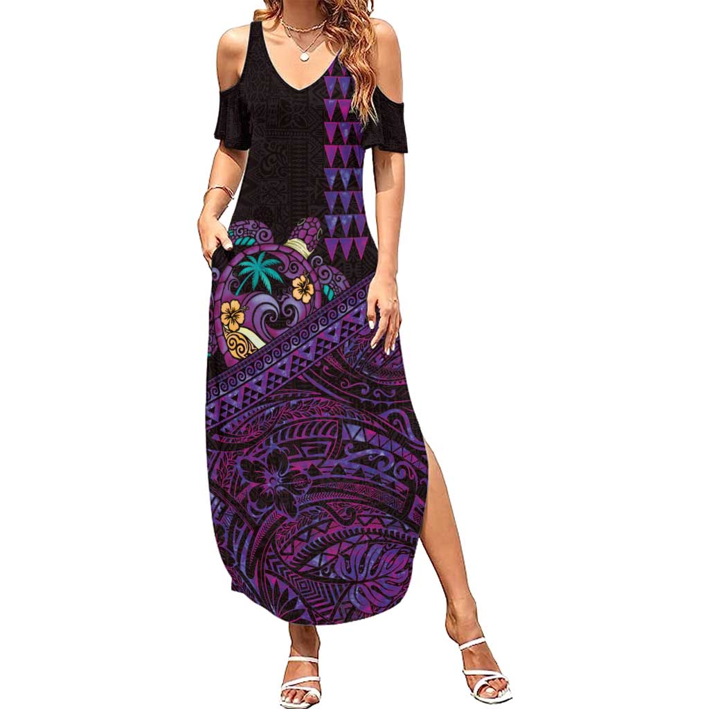 Hawaiian Abstract Sea Turtle Summer Maxi Dress Polynesian Tapa Art and Kakau Tattoo Purple WaterColor LT03 Women Black - Polynesian Pride