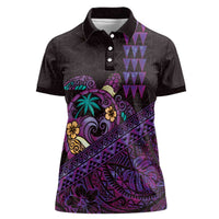 Hawaiian Abstract Sea Turtle Women Polo Shirt Polynesian Tapa Art and Kakau Tattoo Purple WaterColor LT03 Female Black - Polynesian Pride