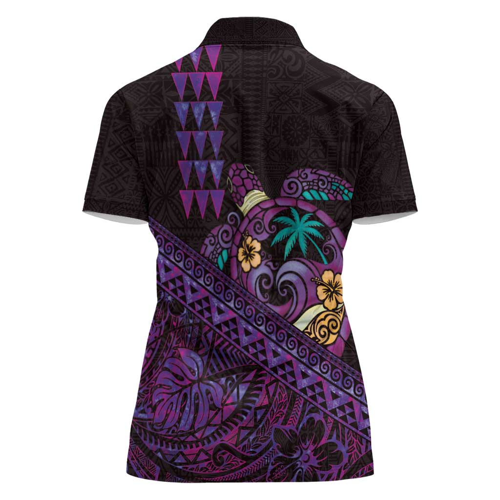 Hawaiian Abstract Sea Turtle Women Polo Shirt Polynesian Tapa Art and Kakau Tattoo Purple WaterColor LT03 - Polynesian Pride