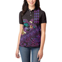 Hawaiian Abstract Sea Turtle Women Polo Shirt Polynesian Tapa Art and Kakau Tattoo Purple WaterColor LT03 - Polynesian Pride