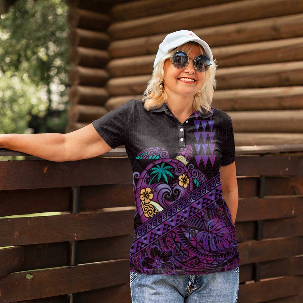 Hawaiian Abstract Sea Turtle Women Polo Shirt Polynesian Tapa Art and Kakau Tattoo Purple WaterColor LT03 - Polynesian Pride