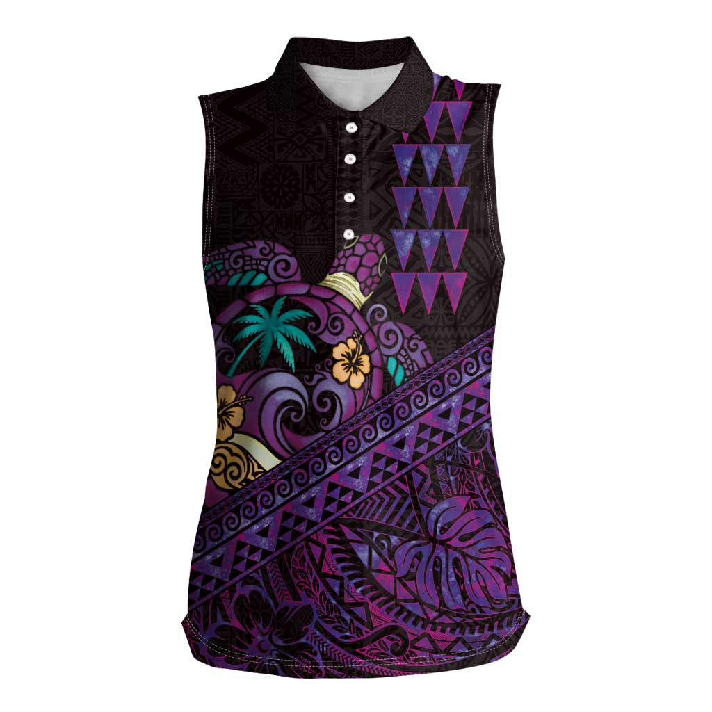 Hawaiian Abstract Sea Turtle Women Sleeveless Polo Shirt Polynesian Tapa Art and Kakau Tattoo Purple WaterColor LT03 Female Black - Polynesian Pride