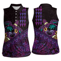 Hawaiian Abstract Sea Turtle Women Sleeveless Polo Shirt Polynesian Tapa Art and Kakau Tattoo Purple WaterColor LT03 - Polynesian Pride