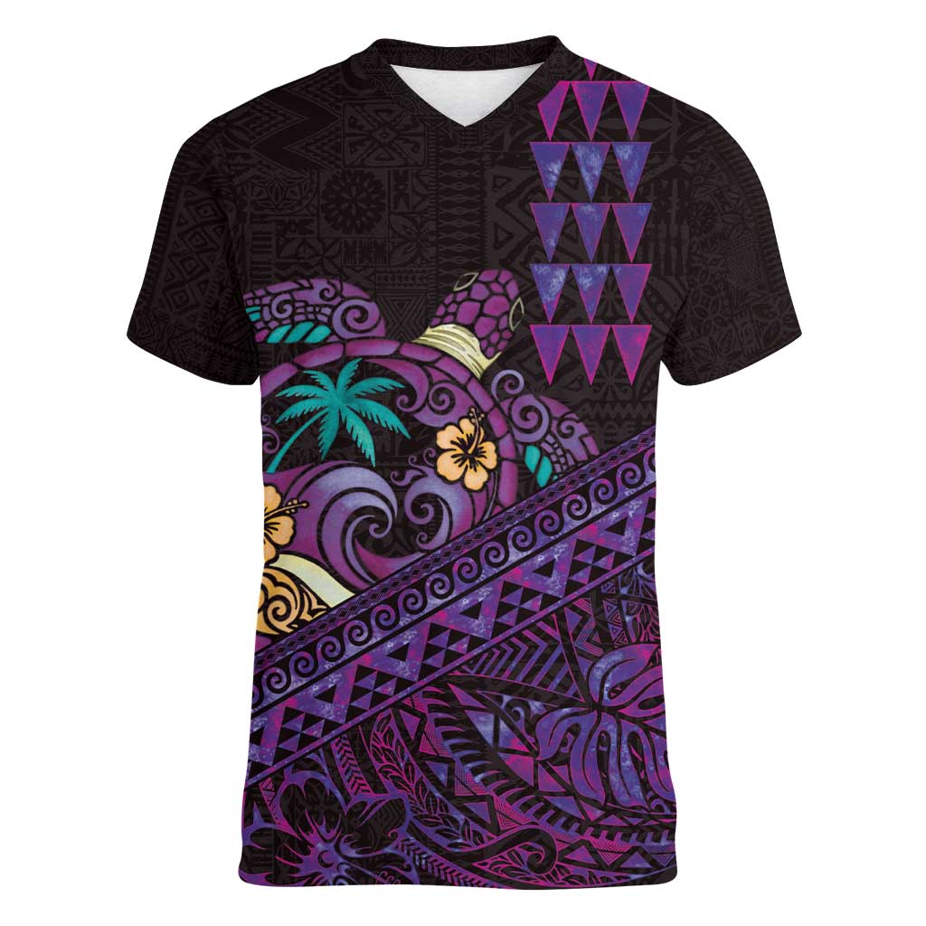Hawaiian Abstract Sea Turtle Women V-Neck T-Shirt Polynesian Tapa Art and Kakau Tattoo Purple WaterColor LT03 Female Black - Polynesian Pride