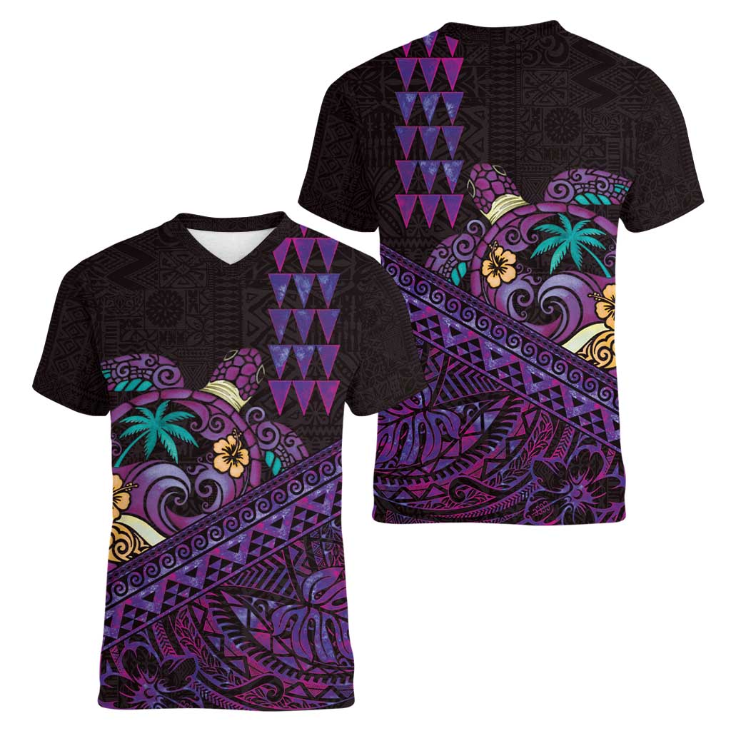 Hawaiian Abstract Sea Turtle Women V-Neck T-Shirt Polynesian Tapa Art and Kakau Tattoo Purple WaterColor LT03 - Polynesian Pride