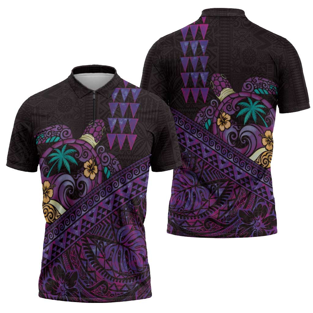 Hawaiian Abstract Sea Turtle Zipper Polo Shirt Polynesian Tapa Art and Kakau Tattoo Purple WaterColor LT03 - Polynesian Pride