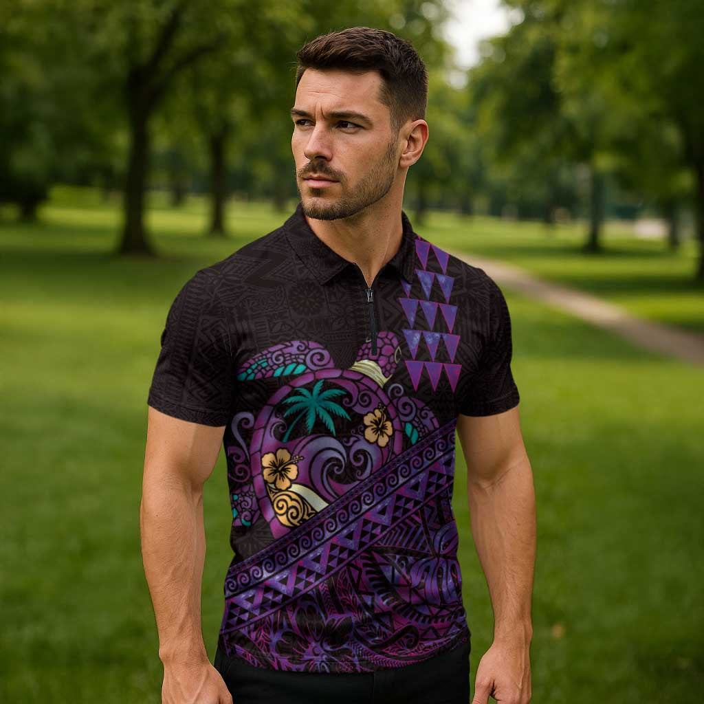 Hawaiian Abstract Sea Turtle Zipper Polo Shirt Polynesian Tapa Art and Kakau Tattoo Purple WaterColor LT03 - Polynesian Pride