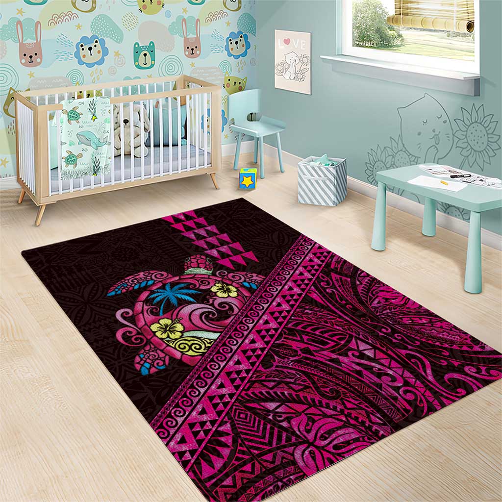 Hawaiian Abstract Sea Turtle Area Rug Polynesian Tapa Art and Kakau Tattoo Pink WaterColor - Polynesian Pride