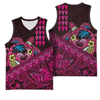 Hawaiian Abstract Sea Turtle Basketball Jersey Polynesian Tapa Art and Kakau Tattoo Pink WaterColor LT03 - Polynesian Pride