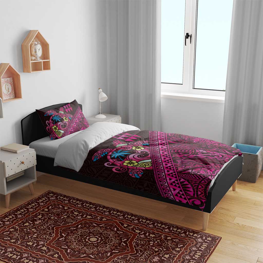Hawaiian Abstract Sea Turtle Bedding Set Polynesian Tapa Art and Kakau Tattoo Pink WaterColor - Polynesian Pride